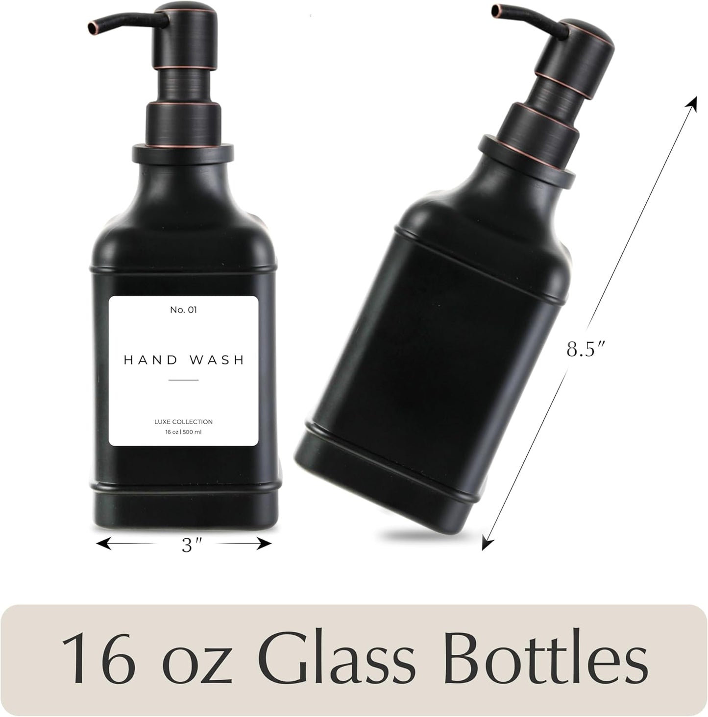 Emerson Essentials Soap Dispenser, Dish Soap Dispenser, Soap Bottle Farmhouse - Hand Soap Dispenser, Kitchen Soap Dispenser Set - Glass Soap Dispenser with Pump and Labels, 16 Oz, 2 Pack