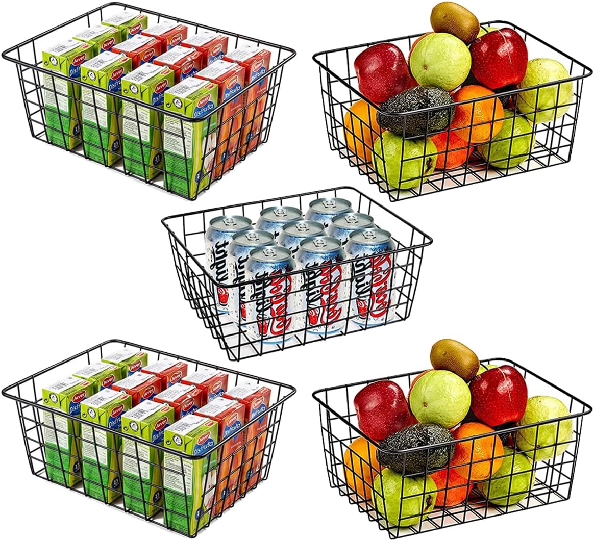 5 Pack Wire Storage Baskets, Premium Pantry Baskets for Storage, Metal Freezer Storage Organizer Baskets Bins with Handles for Kitchen Cabinets, Pantry, Bathroom (Black, Small)