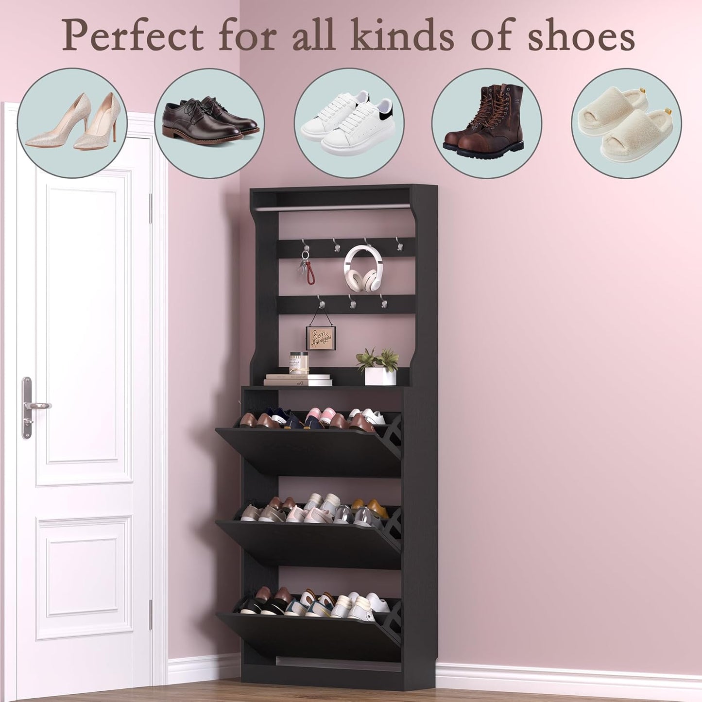 Shoe Cabinet with 3 Flip Drawers & Coat Rack, Narrow Hidden Shoe Storage Cabinet, 2-in-1 Hall Tree Slim Freestanding Shoe Rack Organizer for Entryway, Hallway, and Living Room