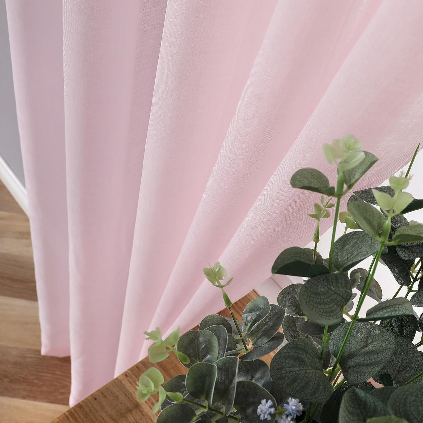 Tollpiz Short Sheer Curtains Living Room Linen Textured Curtain Sheers Light Filtering Voile Rod Pocket Curtains for Bedroom, 38 x 45 inches Long, Pink, Set of 2 Panels
