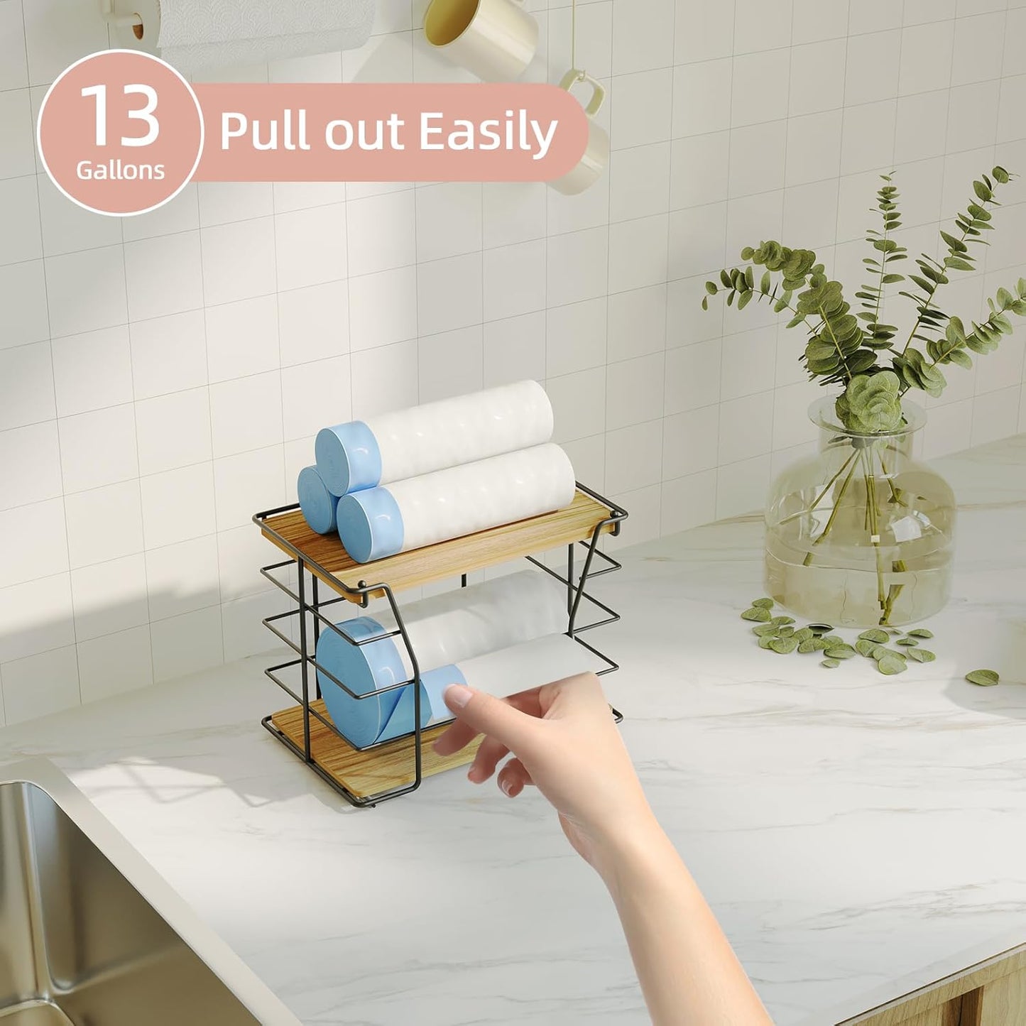 Trash Bag Holder/Dispenser with Lid, Stackable Storage Laundry Kitchen Organizers for Countertop Organization, Wall Mount Trash Bag Holder under Sink, No Drill