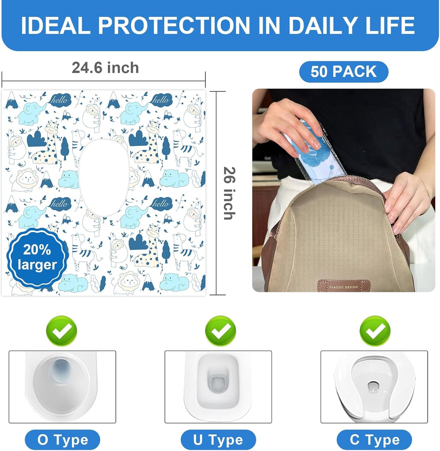 50 PCS Disposable Toilet Seat Covers, Extra Large Portable Potty Seat Covers for Toilet, Bathroom, Toddler & Kid Potty Training Seat Cover, Travel Essentials for Airplane, Trip-Animal