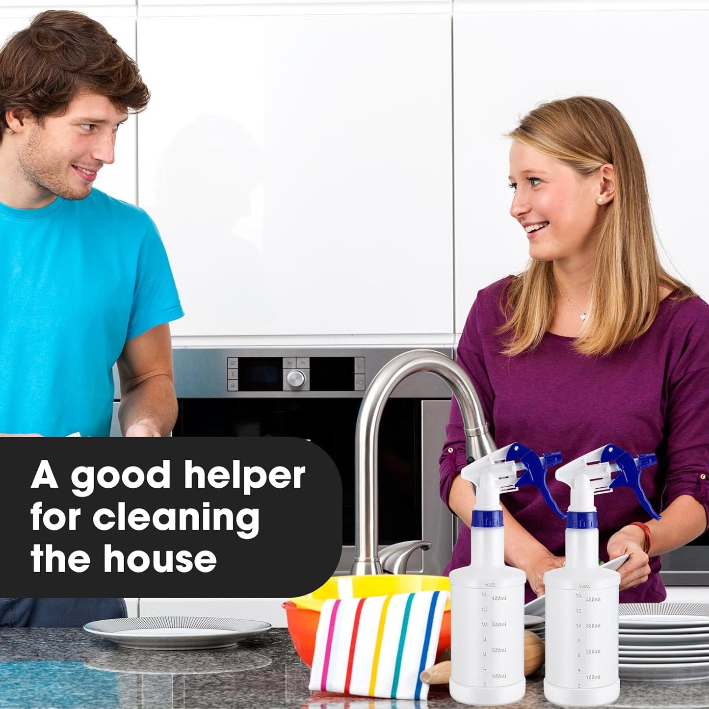 Eccliy 12 Pcs 16 Oz Plastic Spray Bottle, Adjustable Empty Reusable Sprayer for Cleaning, Planting, Water, Bathroom and Kitchen, BBQ, Commercial and Residential(Blue & White,Measurement)