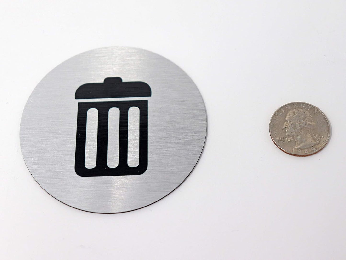 Metal Trash & Recycling Signs | Garbage & Recycling Bin Marker | Set of 2 - 1 Black Trash Sign & 1 Green Recycle Sign | 3" Round, Brushed Silver Aluminum Signs | Made in USA