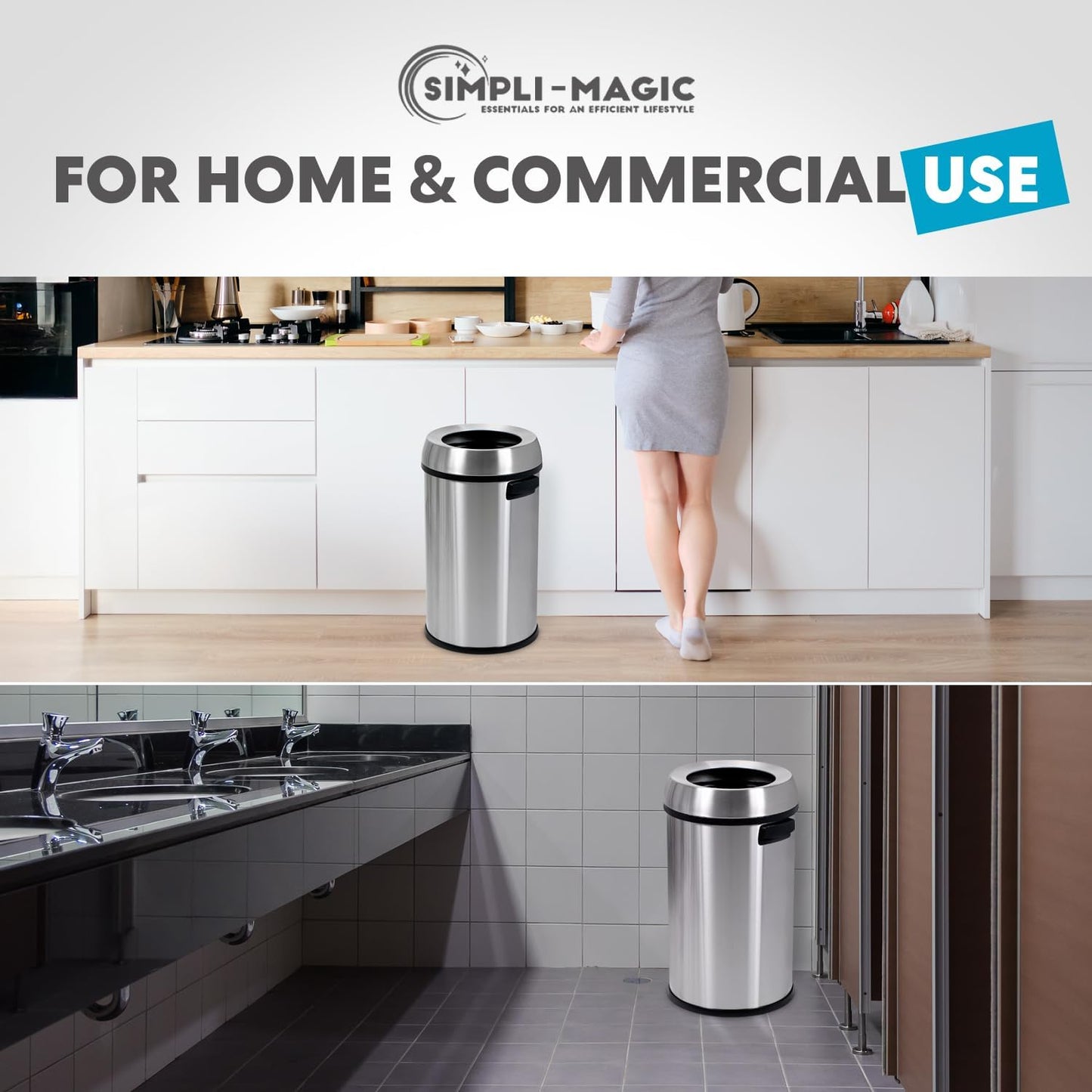 Simpli-Magic 65 Liter Open Top Trash Can, Commercial Grade, Stainless Steel