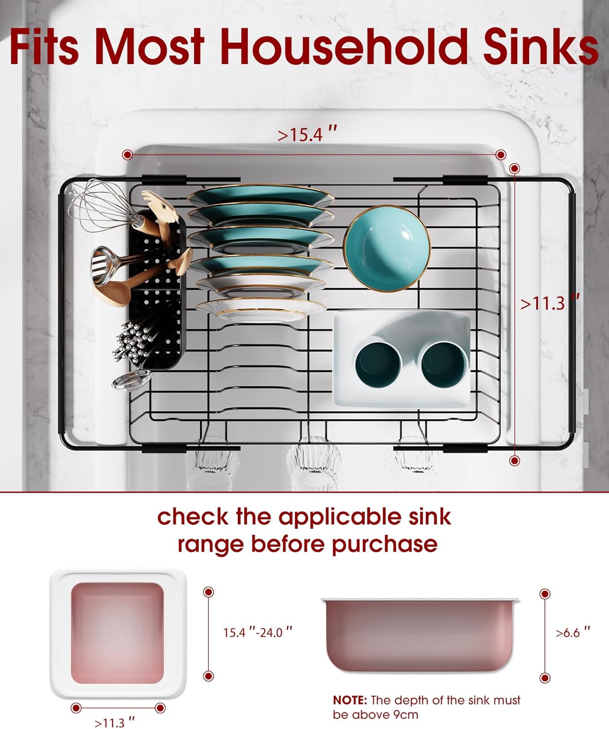 Dish Drying Rack in Sink - Expandable Stainless Steel Dish Rack Over The Sink, Kitchen Sink Drain Strainer with Cutlery Holder & Cup Holders, 15.4 x 11.3 x 6.6 Inch, Black