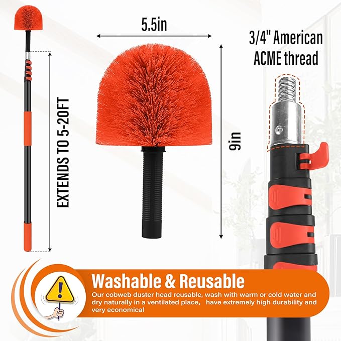 26 FT Cobweb Duster with Extension Pole,Spider Web Brush with Pole Extend 5-20FT,Spiderweb Cleaner with 4-Stage Telescopic Aluminum Pole,Spider Brush Cobweb for Outdoor & Indoor Cleaning