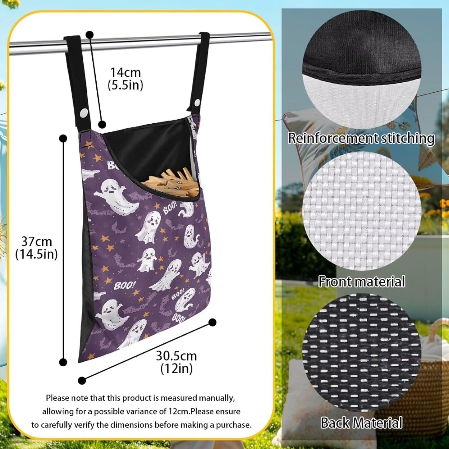 Cute Ghost Clothespin Storage Hanger Bags Laundry Clothespin Bag with a Large Opening, Hanging Storage Organizer with Hanging Rope for Home Outdoor Waterproof Clothespin Storage