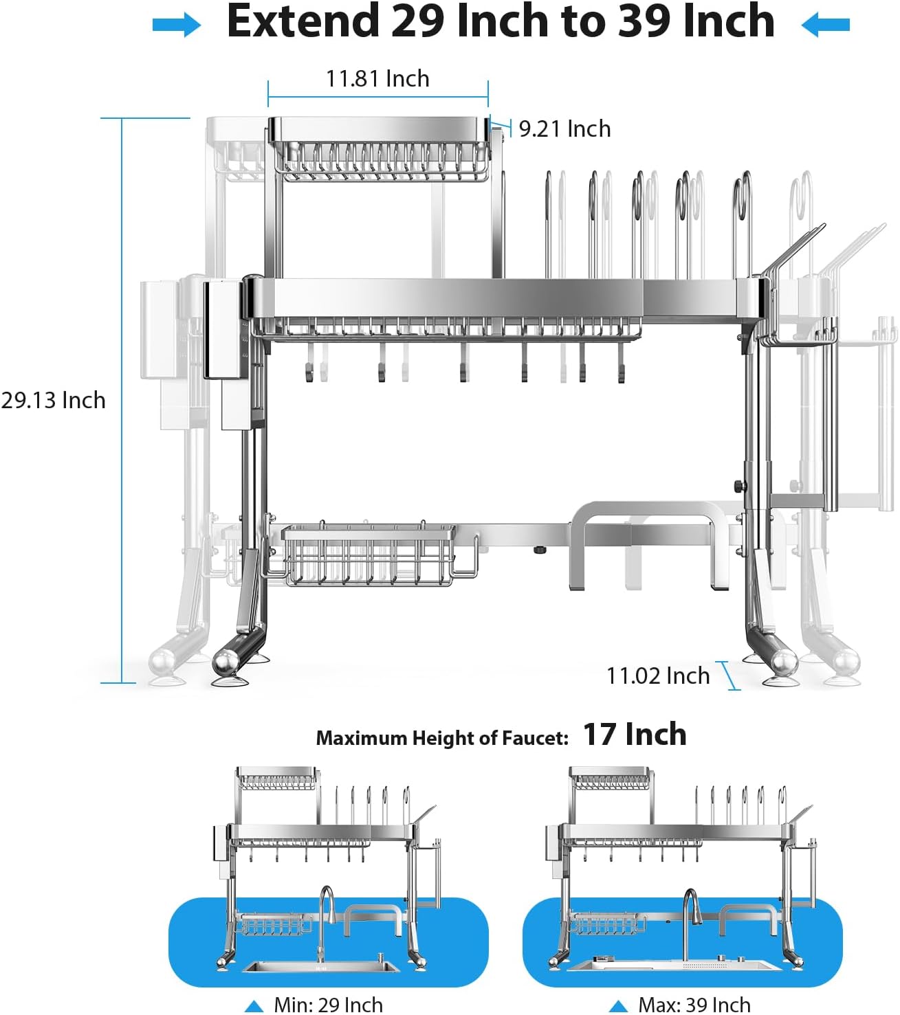 Over Sink Dish Drying Rack, Upgrade 2.5-Tier 304 Stainless Steel Dish Rack Adjustable Length with Pots and Pans Rack, Modern Over The Sink Dish Drainer Rack for Kitchen Storage Counter Organizer