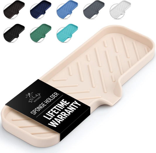 Zulay Large Silicone Sponge Holder (12x4) – Flexible Sink Organizer Tray for Kitchen & Bathroom – Multipurpose Soap Dish for Sponges, Makeup, Trinkets & More (Ivory)