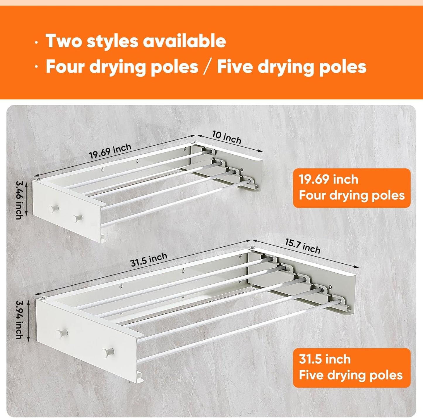 Clothes Drying Rack 20 inches Foldable Wall Mount Laundry Rack Folding Indoor Drying Rack Clothing Collapsible Hidden Space Saver with Wall Template 6 Rods White