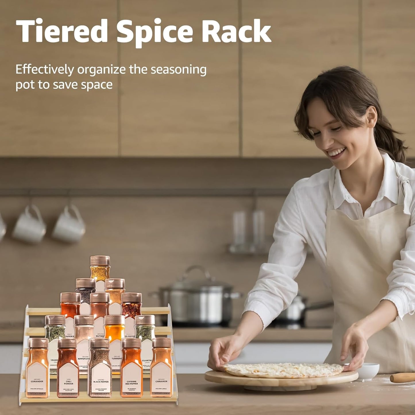 nianfeng Tiered Spice Rack, 5-Tier Spice Pantry Kitchen Cabinet Organizer, 16-Inch, Natural Wood Acrylic Stair Riser Stand, Countertop Seasoning Shelf