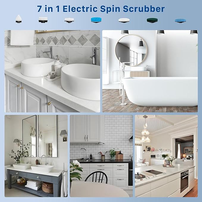 Electric Spin Scrubber, Hillyfe Bath Scrubber for Cleaning with 7 Replaceable Brush Heads, IPX7 Waterproof,300/400 RPM, 3 Adjustable Size,Cordless Shower Cleaner Brush for Bathroom Floor,Blue