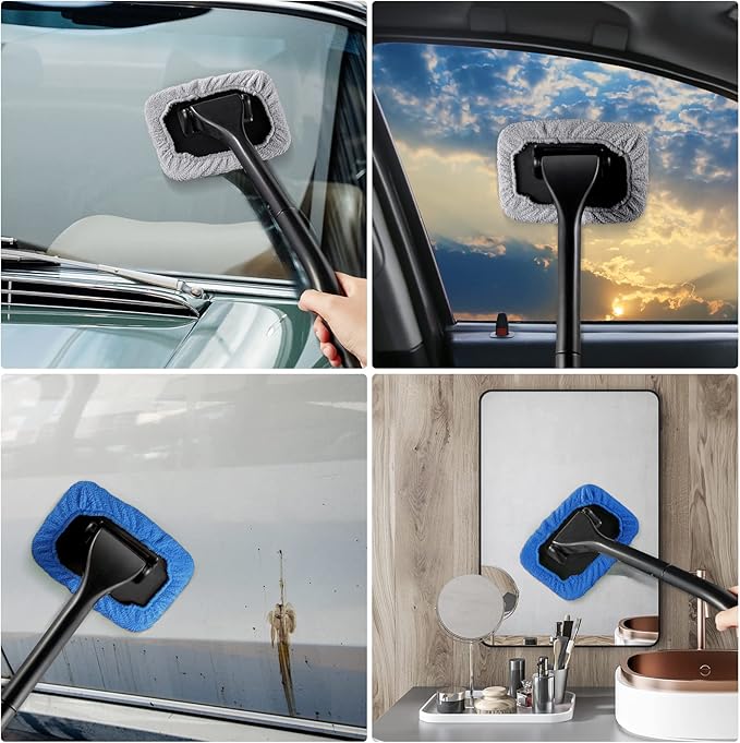 Frienda 2 Set Windshield Cleaner Tool Inside Car Windshield Cleaning Wand Auto Window Cleaner with Detachable Handle, 8 Reusable Microfiber Pads and 2 Spray Bottles for Car Interior(Gray, Blue)