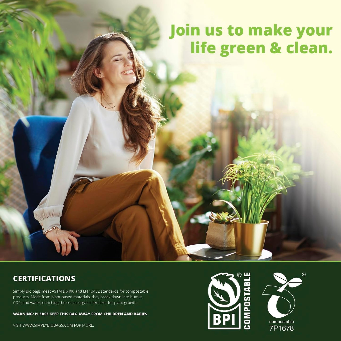 Simply Bio 3 Gallon Compostable Trash Bags Liners Drawstring, Heavy Duty Extra Thick 1 Mil, 11.36 Liter, 50 Bags, Small Kitchen Food Scrap Waste Bag, ASTM D6400, US BPI and OK Compost Home Certified