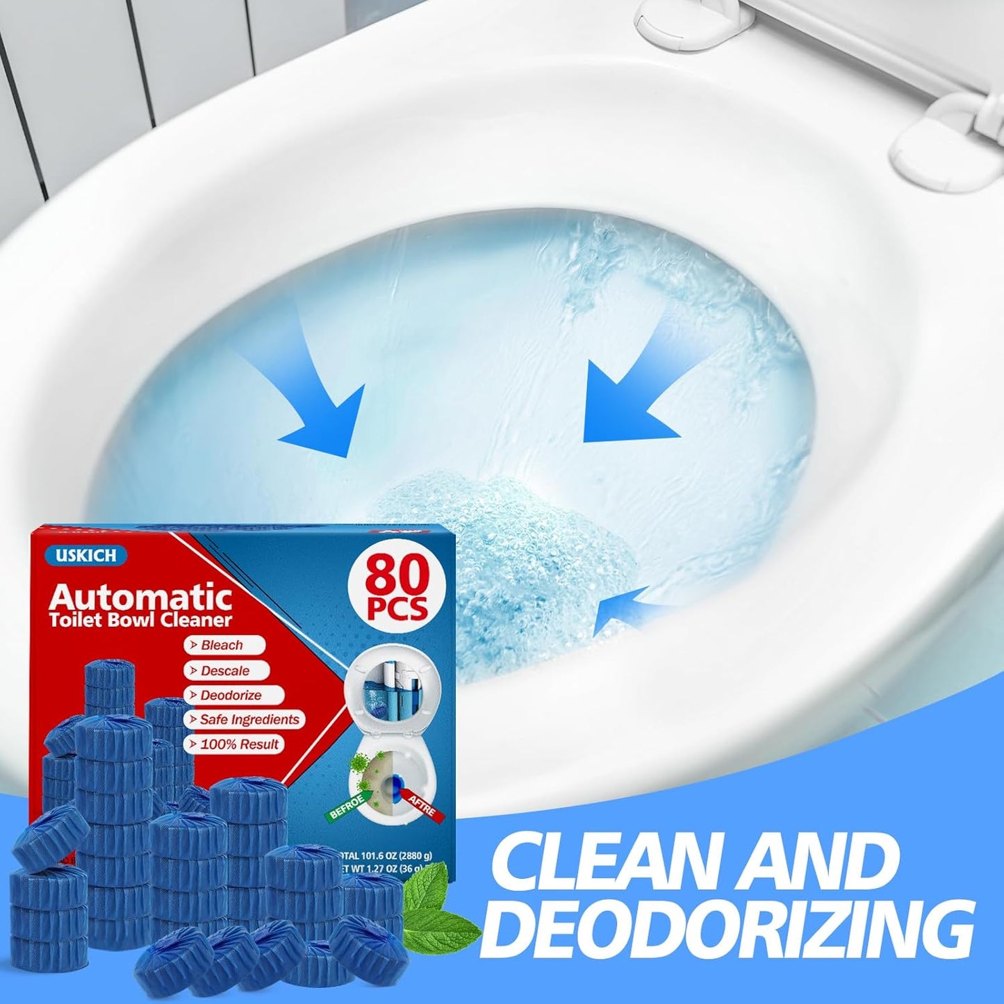 USKICH 80 Pack Toilet Bowl Cleaner Tablets,Blue Automatic Toilet Tank Cleaners, Long-Lasting Household Toilet Cleaners,Toilet flush Cleaning & Deodorizer