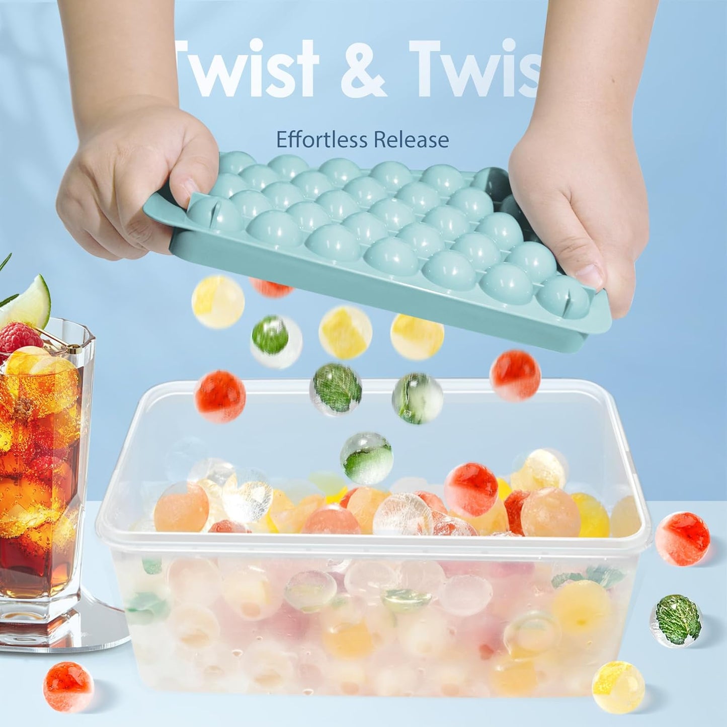 WIBIMEN Ice Cube Tray with Lid and Bin - Round Ice Trays for Freezer with Lid - Ice Cube Trays for Freezer with Ice Container (1"-2PACK Blue)