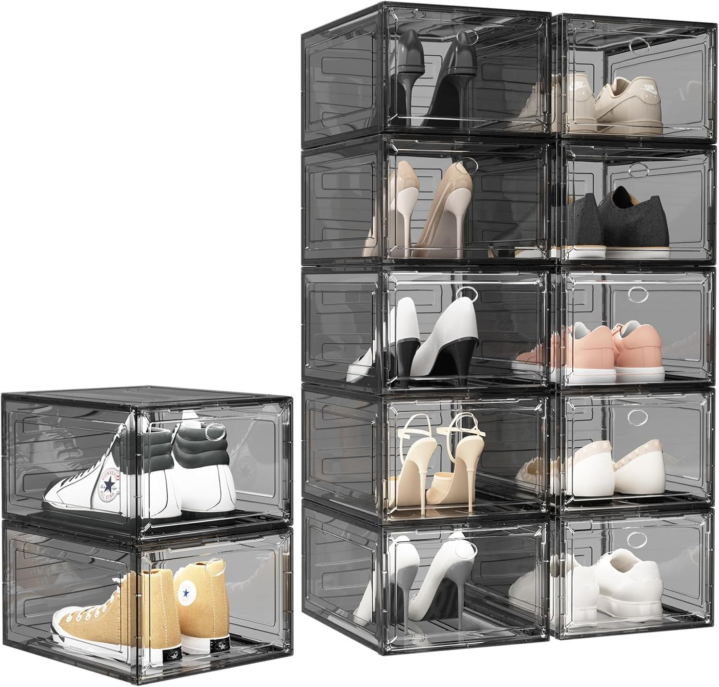 Upgrade Harder Solid Plastic Shoe Organizer with Magnetic Front Door, 12 Pack Shoe Boxes Clear Stackable, Sneaker Storage for Closet, Shoe Display Case, Black