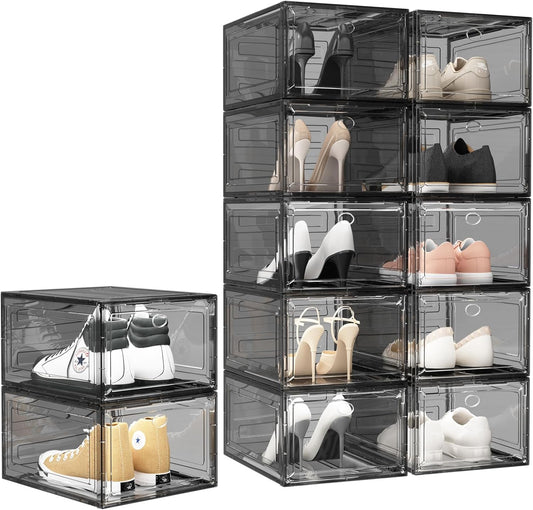 Upgrade Harder Solid Plastic Shoe Organizer with Magnetic Front Door, 12 Pack Shoe Boxes Clear Stackable, Sneaker Storage for Closet, Shoe Display Case, Black