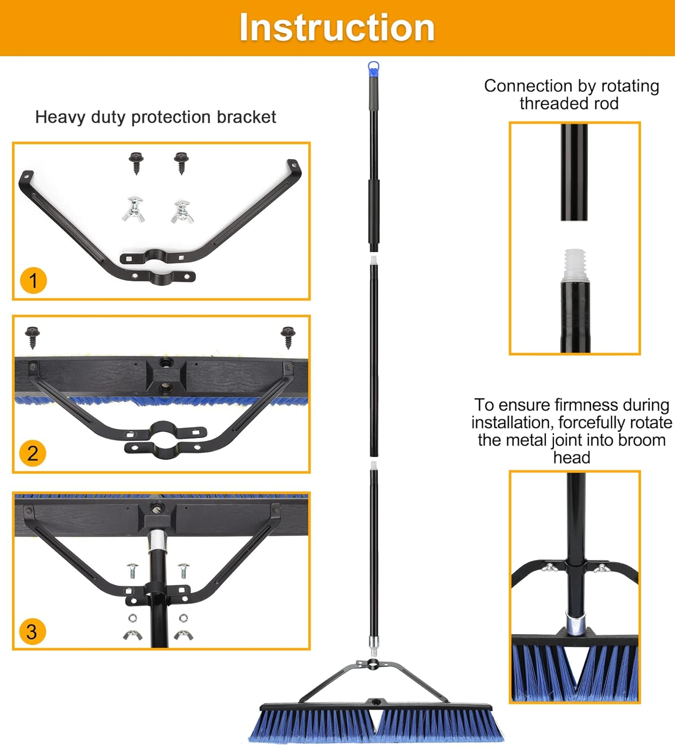 24 inches Push Broom Outdoor for Deck Driveway Garage Yard Patio Concrete Floor Cleaning-Blue