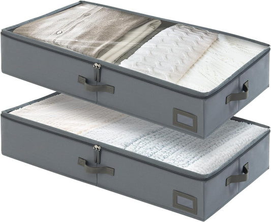 6-Inch Under Bed Storage Containers (2-Pack) | Sturdy Sidewalls | Clear Cover & Label Holder | Foldable Closet Organizer | Stores Clothing/Blankets/Sweaters/Sheets