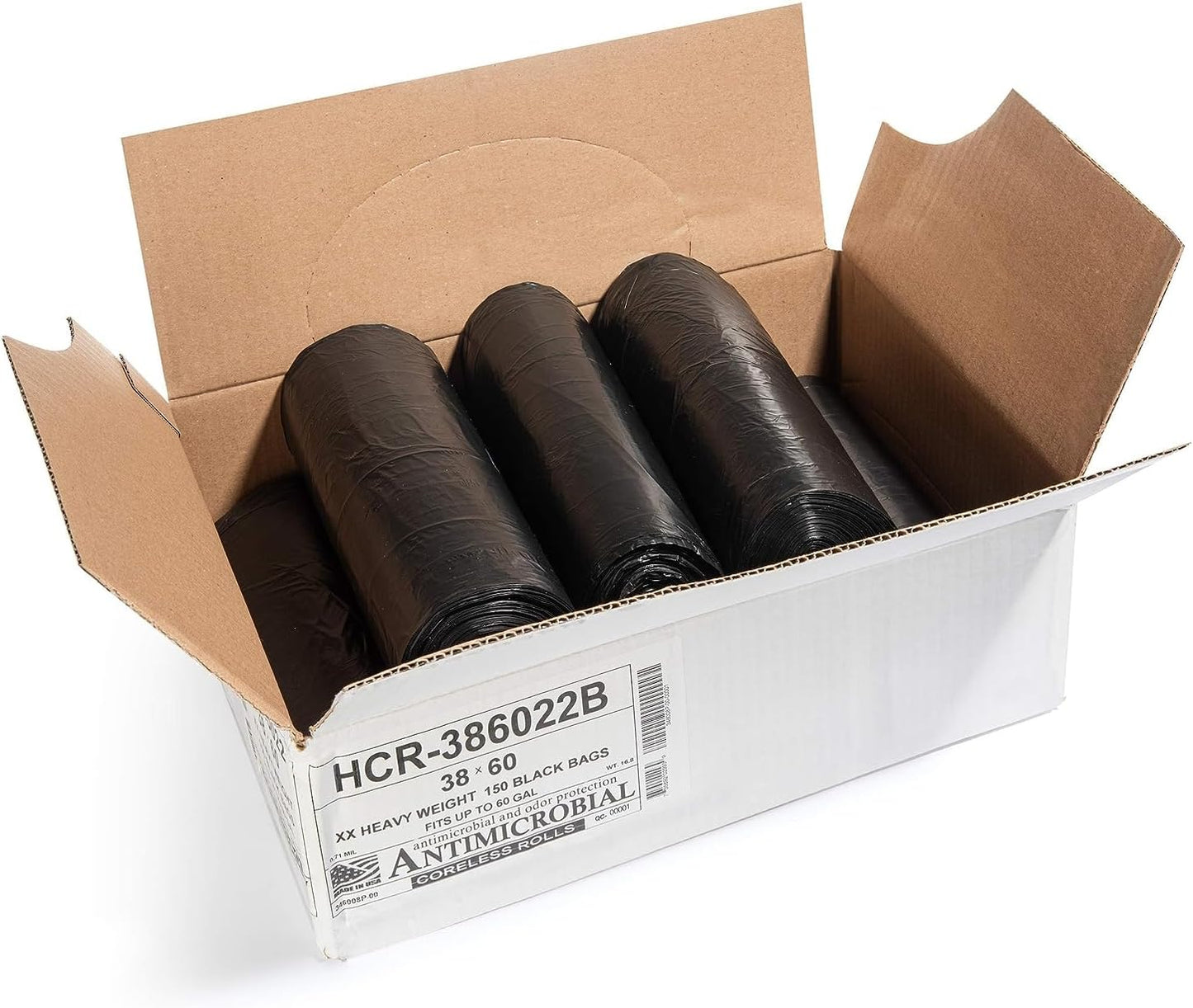 Aluf Plastics High Density Trash Bags, 60 Gallon, 150 Count, 22 Micron (eq), 38" x 60", Black, for Bathroom, Office, Industrial, Commercial, Janitorial, Municipal, Recycling