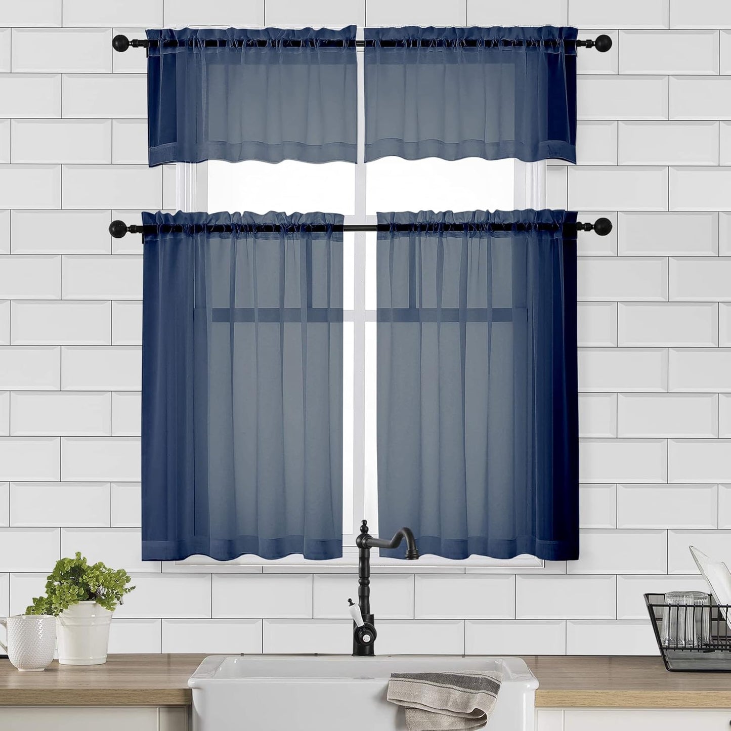 Chyhomenyc Sheer Window Curtains Tier 2 Pieces Set, 36 inch Length, Short Dining Curtains Window Treatment for Small Windows/Bathroom/Cafe/Living Room, Rod Pocket, Navy Blue