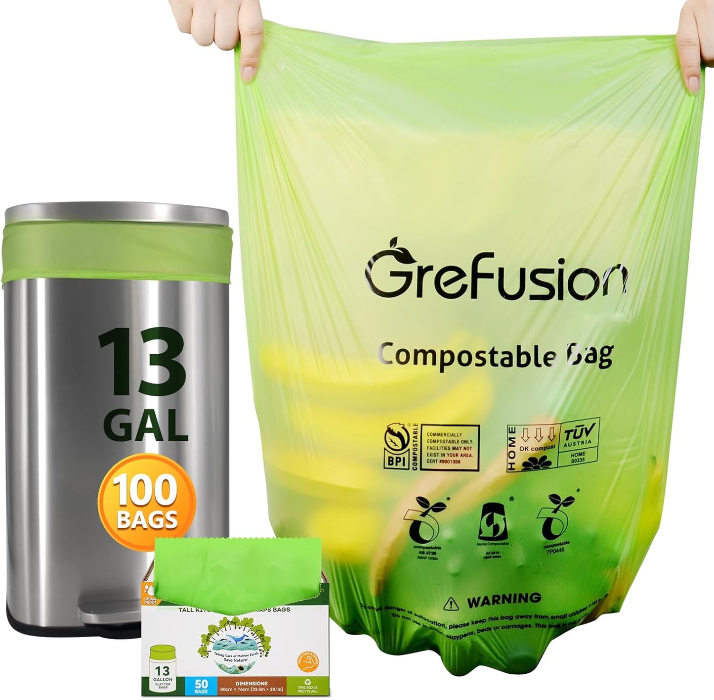 Compostable Bags,Trash bags 13+ gallon tall kitchen, Compostable Trash Lawn & Leaf Yard Waste Bags,Kitchen Compost Trash Bin Compatible,Extra Thick1.01 Mills,Certified by BPI and OK Compost