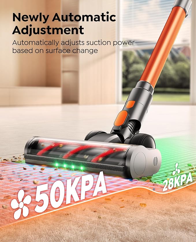 Fieety Cordless Vacuum Cleaner, 600W/50KPa/65Min Runtime Stick Vacuum with 3.3Ft Hose, Wall Mount Charging, Auto Mode, Touchscreen, Self-Standing Vacuum Cleaner for Home/Pet Hair/Carpet/Car, Fragrance