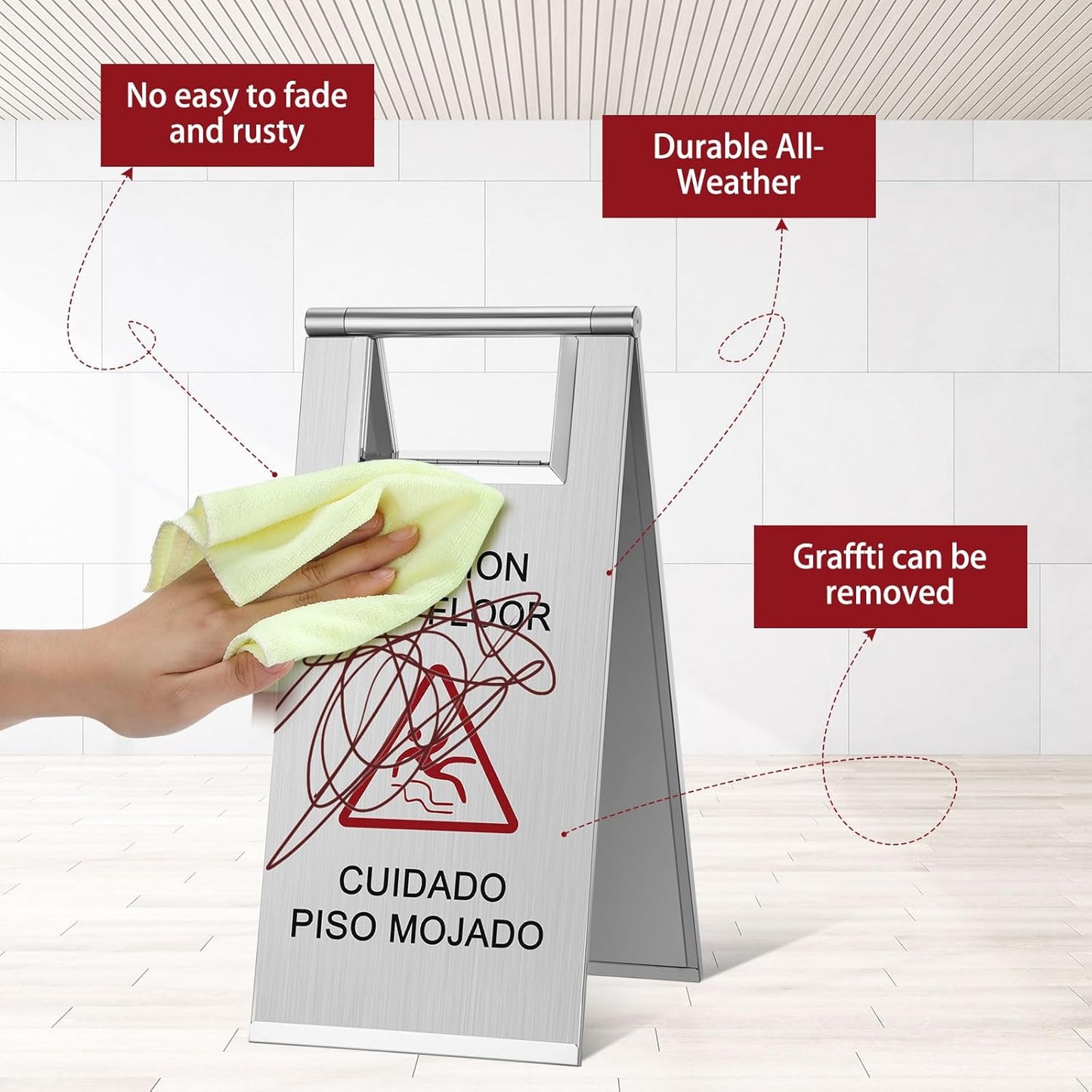 Kigley 2 Pcs Wet Floor Sign, 17 Inch Stainless Steel Caution Wet Floor Sign Double Sided Portable Foldable Bilingual Safety Warning for Hotel Market Restroom Restaurant Office (Silver)