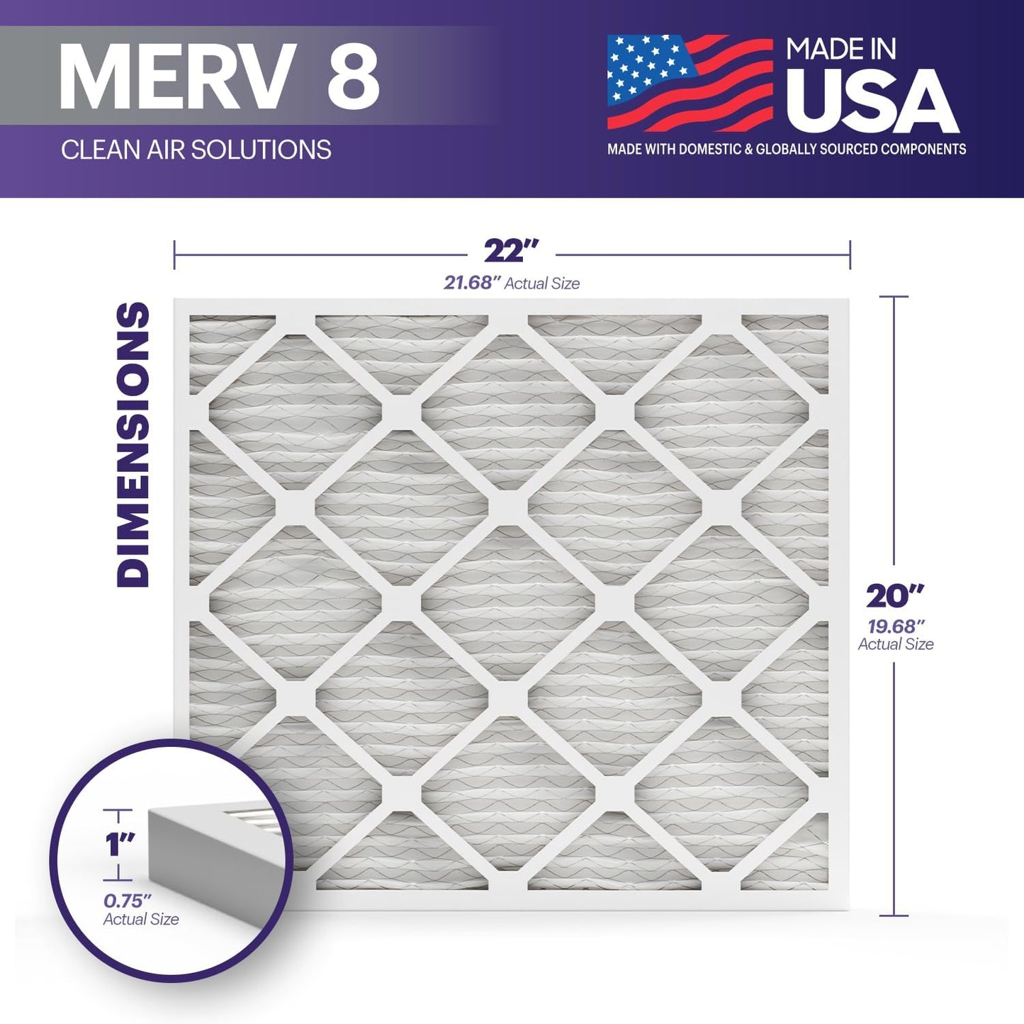 BNX TruFilter 20x22x1 Air Filter MERV 8 (6-Pack) - MADE IN USA – Dust & Pet Defense Electrostatic Pleated Air Conditioner HVAC AC Furnace Filters for Dust, Pet, Mold, Pollen MPR 600 – 700 & FPR 5