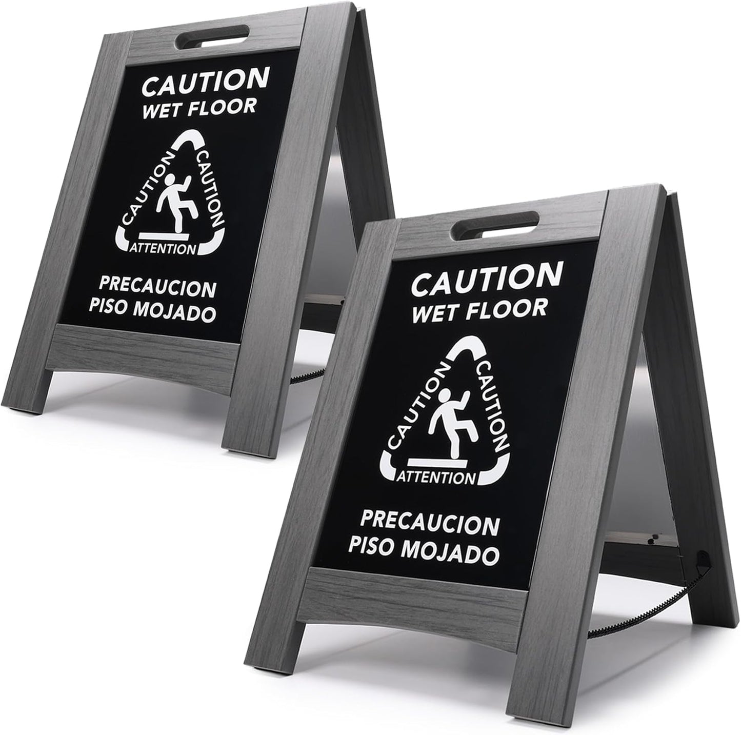 Premium Outdoor Composite Caution Wet Floor Sign – Bilingual w/Non-Skid Plastic Feet, Black Plate – For Hotels, Schools, Offices, Areas, Restrooms, Pool Decks - Grey (2 Pack)