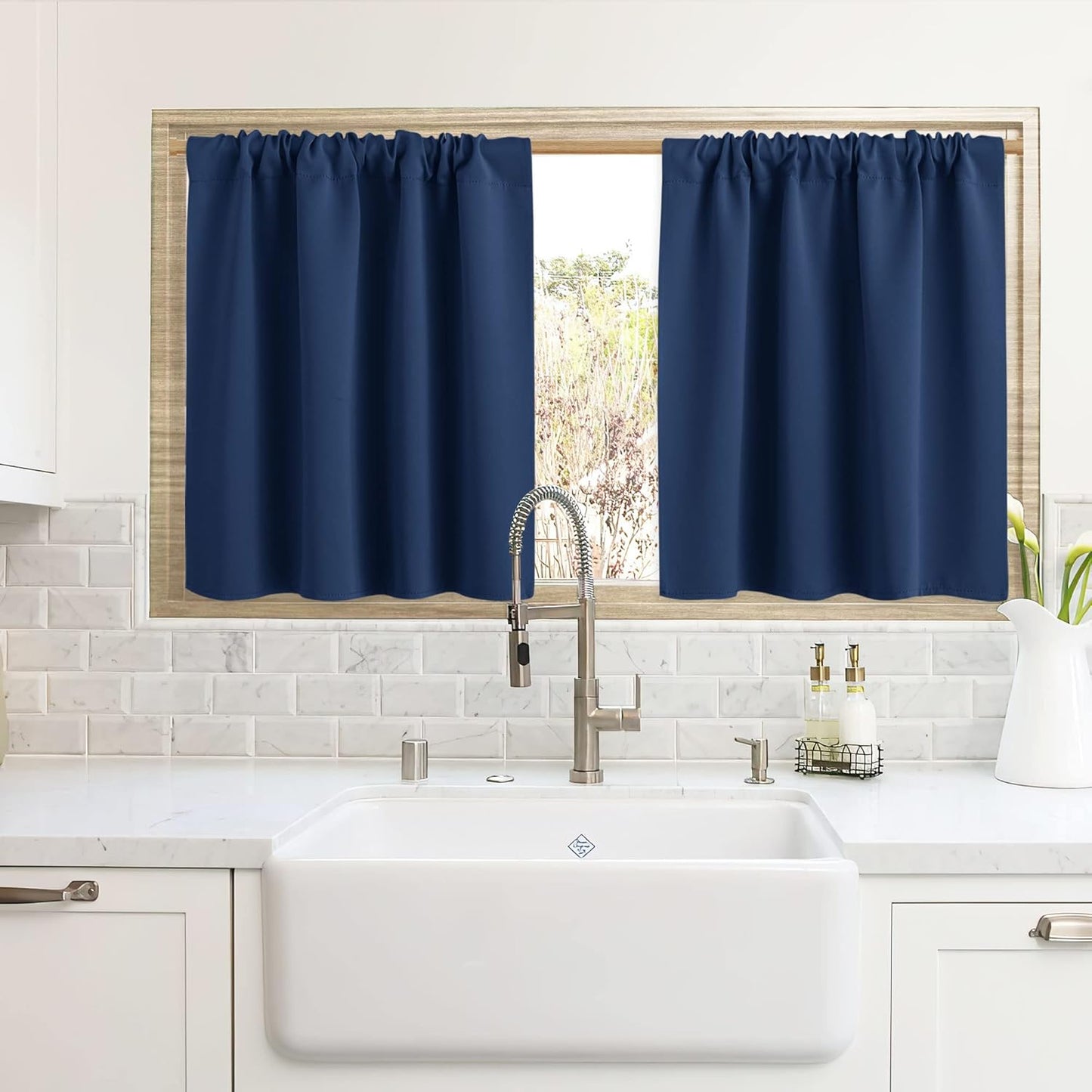 RYB HOME Blackout Curtains for Kitchen, Over Sink Privacy Curtains Window Decor, Thermal Insulating Drapes for Bathroom Cafe Bedroom Small Window, W 42 x L 24 inch, Navy Blue, 2 Panels