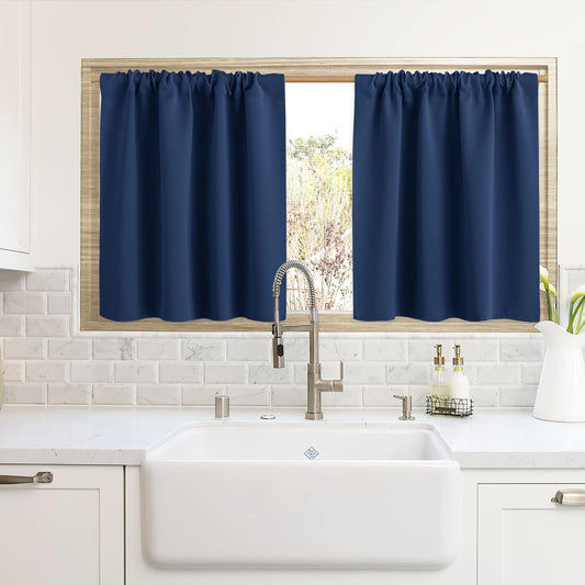 RYB HOME Blackout Curtains for Kitchen, Over Sink Privacy Curtains Window Decor, Thermal Insulating Drapes for Bathroom Cafe Bedroom Small Window, W 42 x L 24 inch, Navy Blue, 2 Panels
