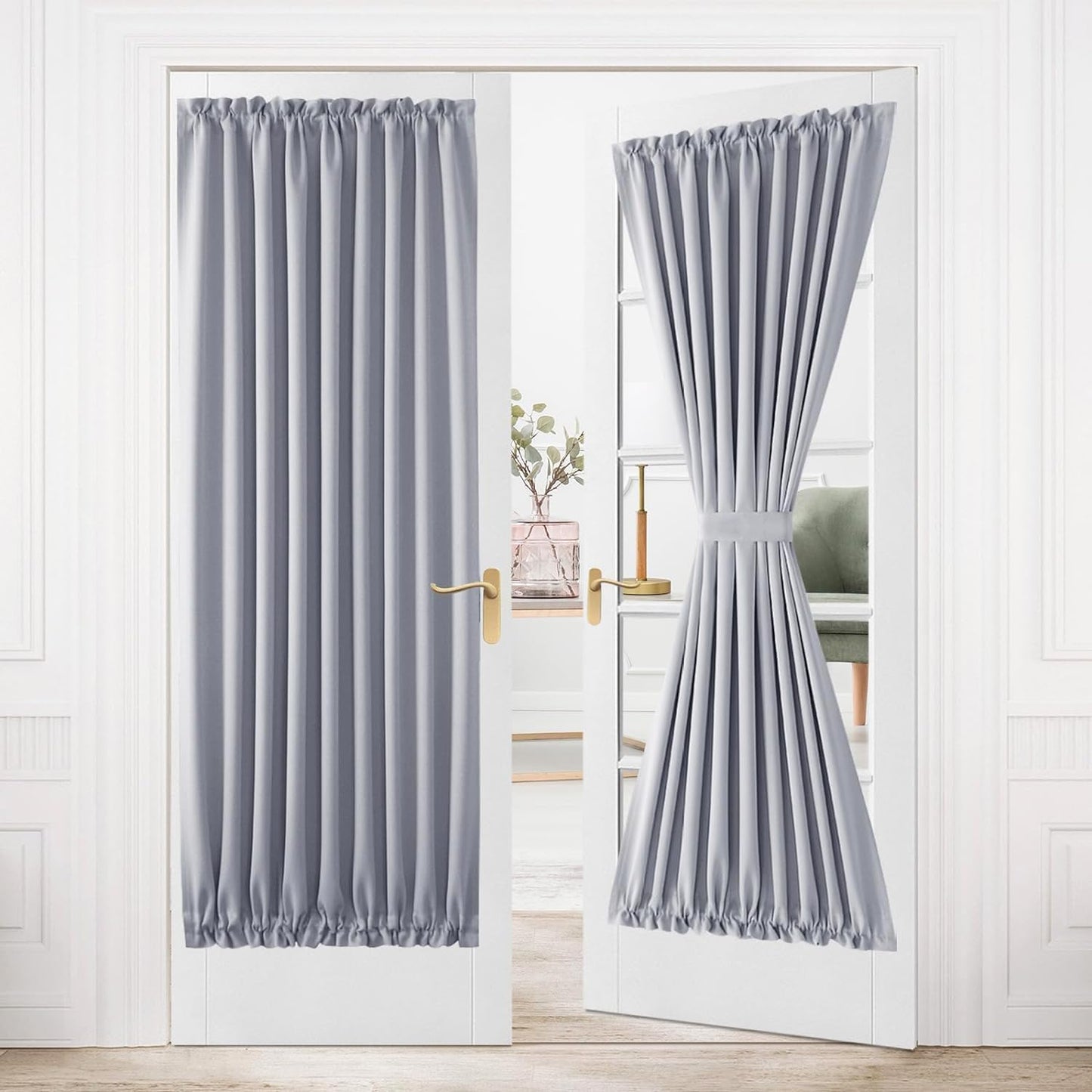 DWCN French Door Curtains – Rod Pocket Thermal Blackout Curtain for Doors with Glass Window, Kitchen and Patio Doors for Privacy, 54 X 72 Inches Long, 1 Curtain Panel with Tieback，Silver Grey