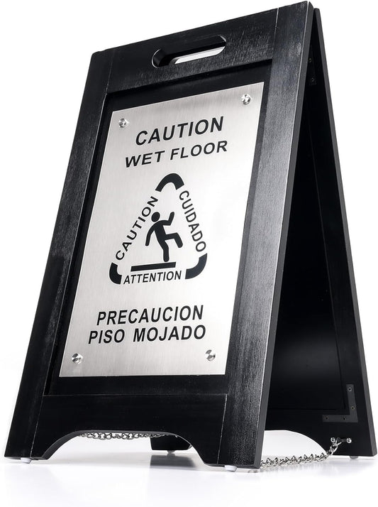 Premium Wooden Caution Wet Floor Sign – Bilingual w/ Non-Skid Plastic Feet – For Hotels, Schools, Offices, Areas, Restrooms, Pool Decks & Shops - Black Wood/Brushed Nickel Plate