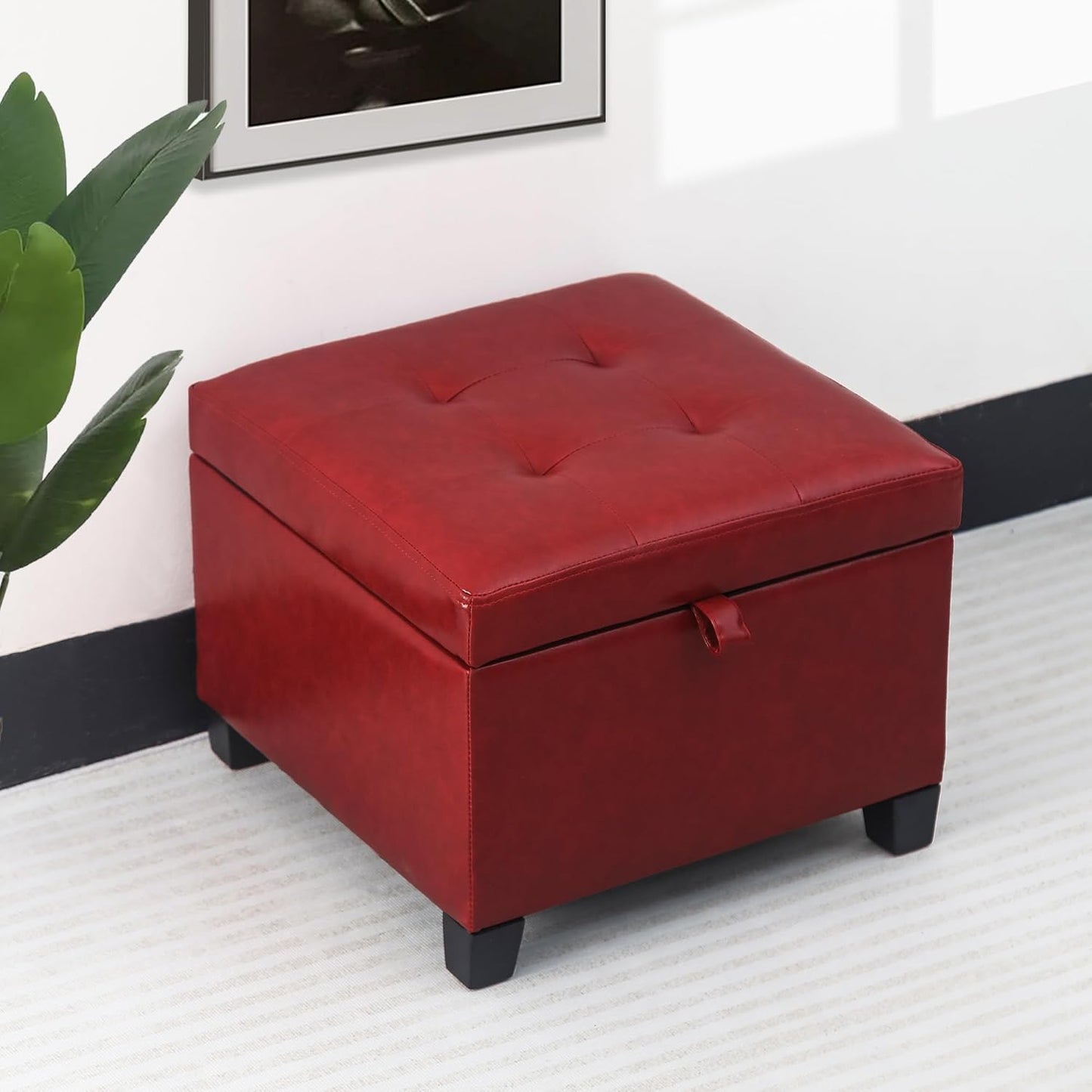 Adeco Faux Leather Storage Ottoman with Hinged Lid, 14 Inch High Red Square Cube Foot Stool with Storage, Upholstered Vanity Stool with Solid Wood Legs for Living Room, Bedroom, Dorm