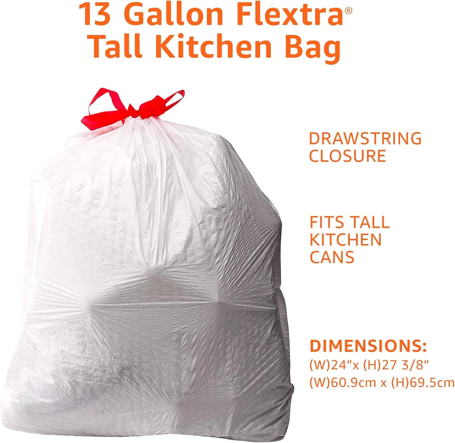 Amazon Basics 13 Gallon Flextra Strength Tall Kitchen Drawstring Trash Bags, Clean Fresh Scnet, Tear Resistant, 10% Post Consumer Recycled, 120 Count