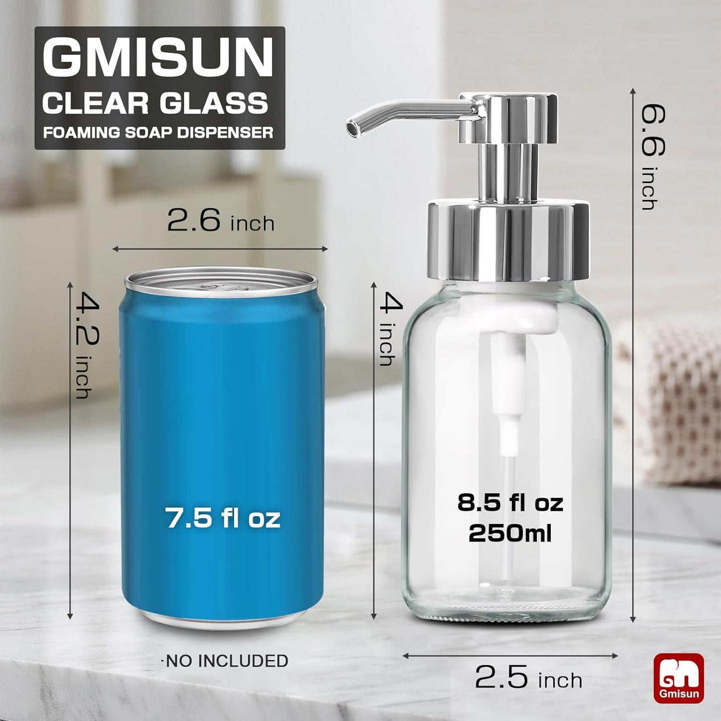 GMISUN Foaming Soap Dispenser, 2 Pcs 8.5 Fl oz Clear Glass Soap Dispenser, Modern Hand Soap Dispensers for Bathroom & Kitchen, Refillable Foam Soap Dispensers with Silver Pumps & Waterproof Labels