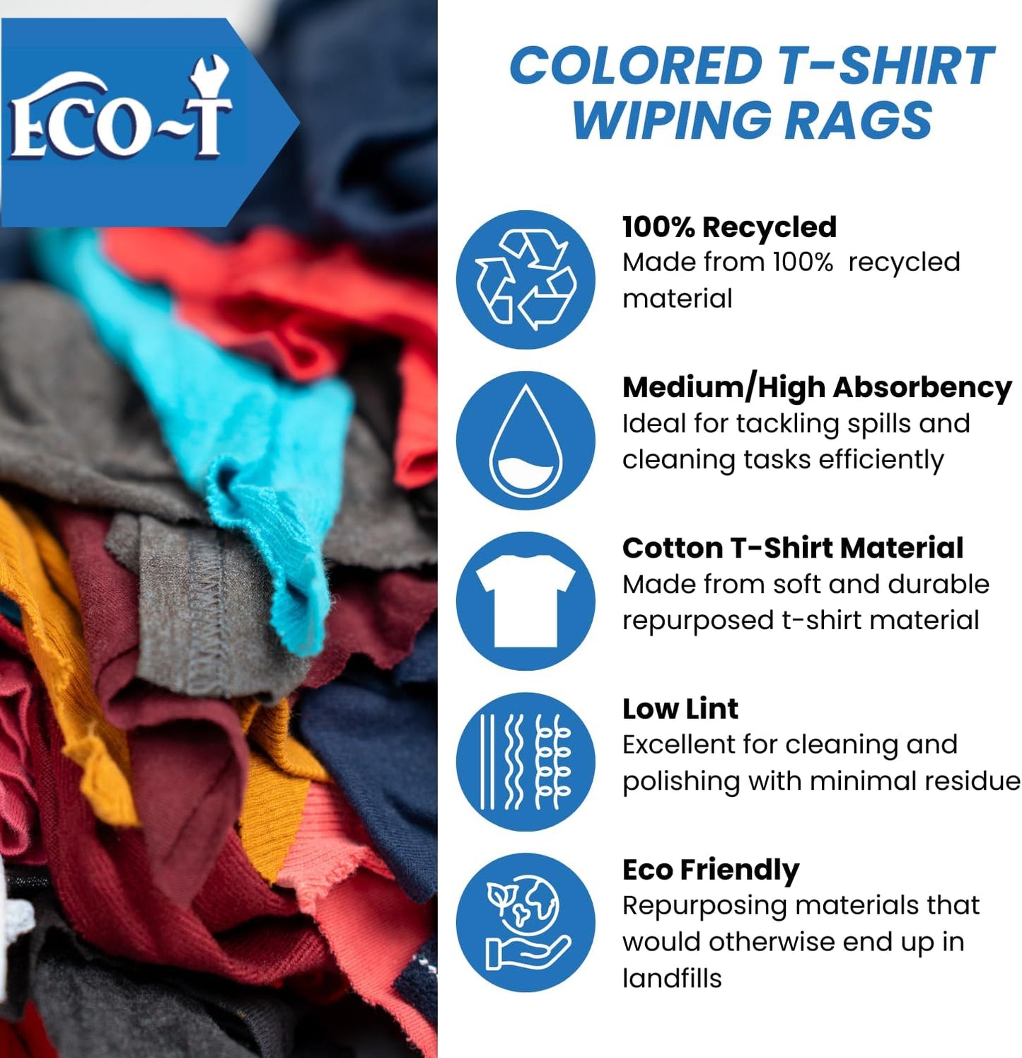 24 x 1 Lb Bags (24 Lbs) Eco-T Mechanic Shop Rags - Colored T-Shirt Material, 100% Recycled, Eco-Friendly, High Absorbency, Low Lint, Low-Cost, Industrial Use Wiping Cloth