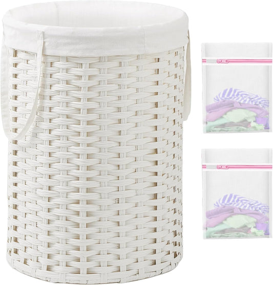 Laundry Basket Round Rattan Laundry Hamper 29.1 Gal (110 L) Handwoven Large Wicker Basket with Handles, Wicker Hamper with Removable Bags and 2 Mesh Bags for Bathroom Living Room White