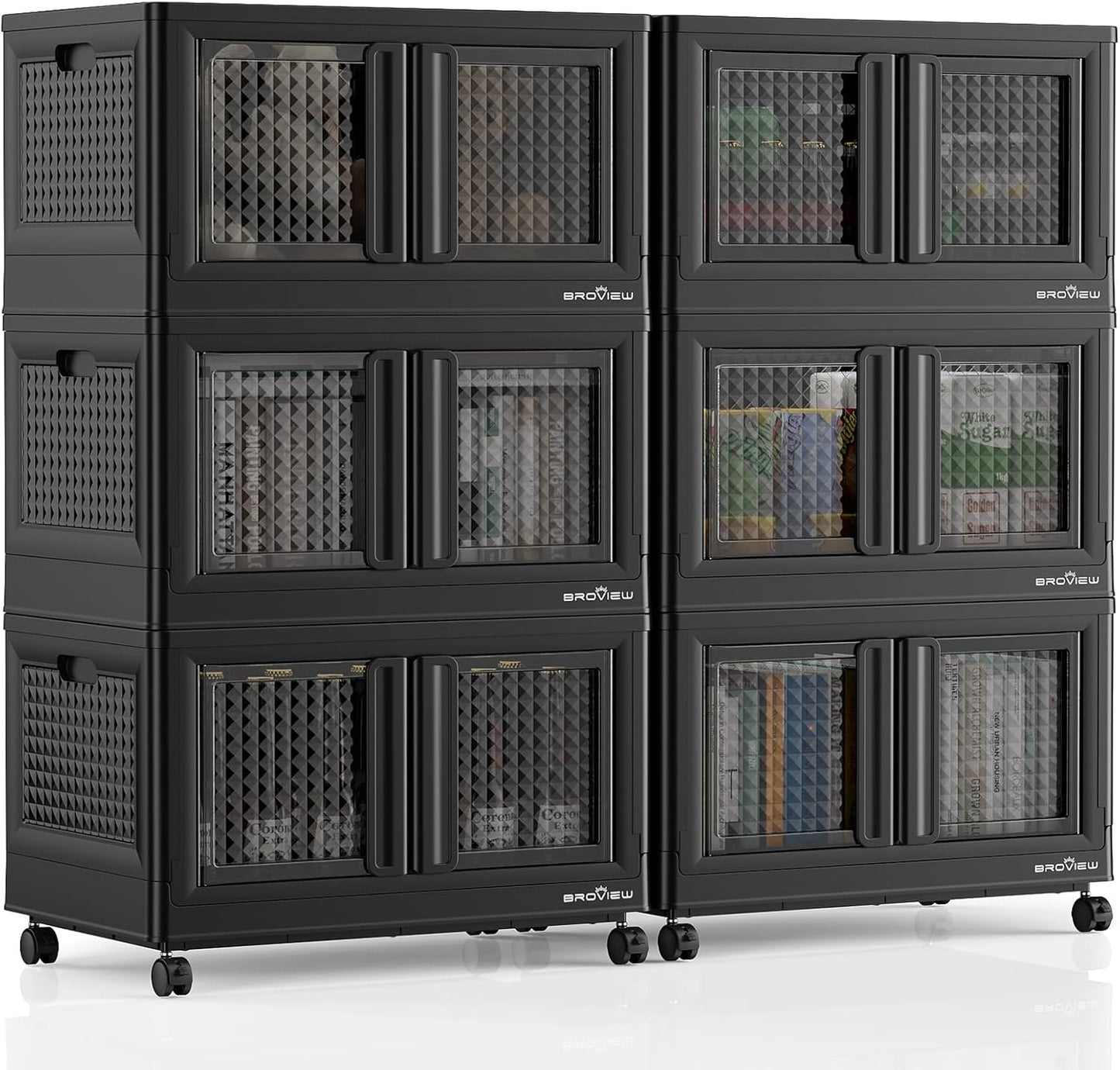 BROVIEW 600Qt Stackable Storage Bins with Lids, 150Gal Closet Organizers and Storage Drawer, Plastic Collapsible Storage Bins with Doors, Heavy Duty Store Box Cabinet for Home Kitchen, 6Pack Black