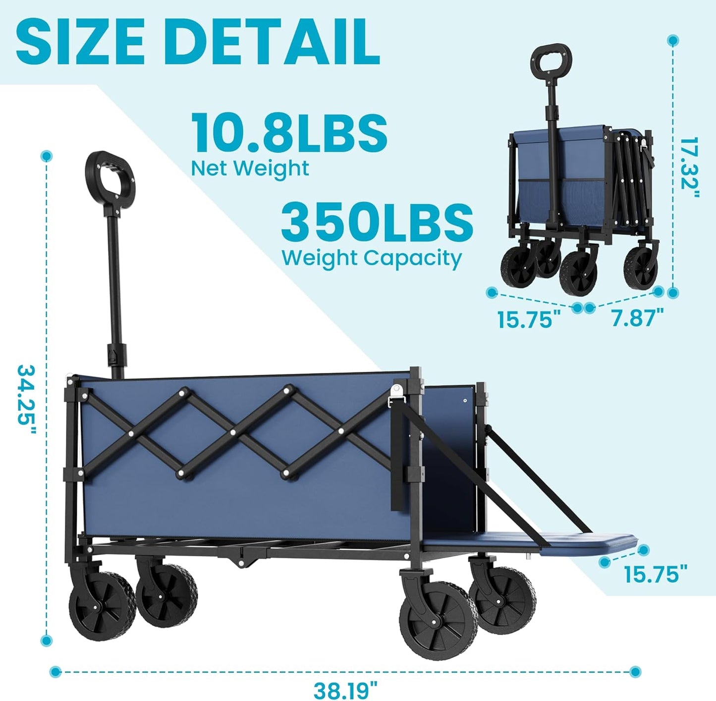 Collapsible Folding Wagon with Tailgate, Wagons Carts Foldable with 350lbs Capacity, Lightweight Portable Utility Wagon Cart for Shopping Camping Sports Garden (Navy)