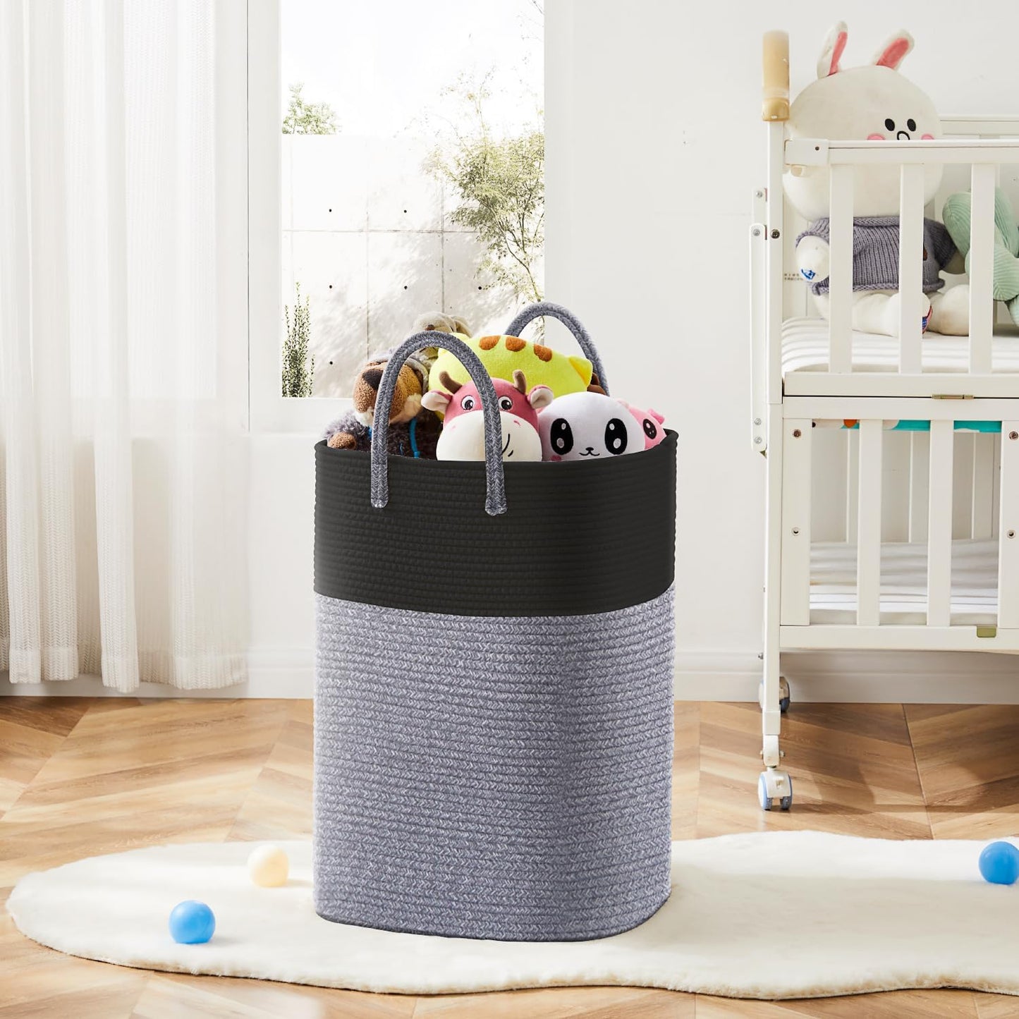Laundry Basket,Woven Cotton Rope Laundry Hamper,Versatile Storage for Dirty Clothes,Baby Toys,and Blankets in Bathroom, Nursery,and Living Room (Black, 80L)