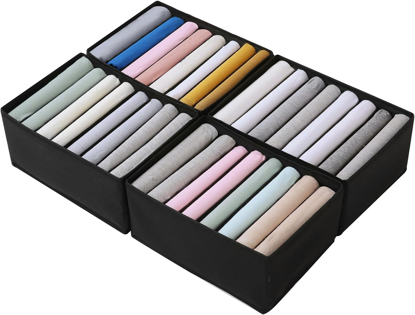 Qozary 4 Pack Drawer Organizers for Clothing, 8 Grids Foldable Closet Organizers and Storage Bins for Bedroom, Dresser Organizer Boxes for Thin T-shirts, Tank Tops (Black, Upgrade Height)