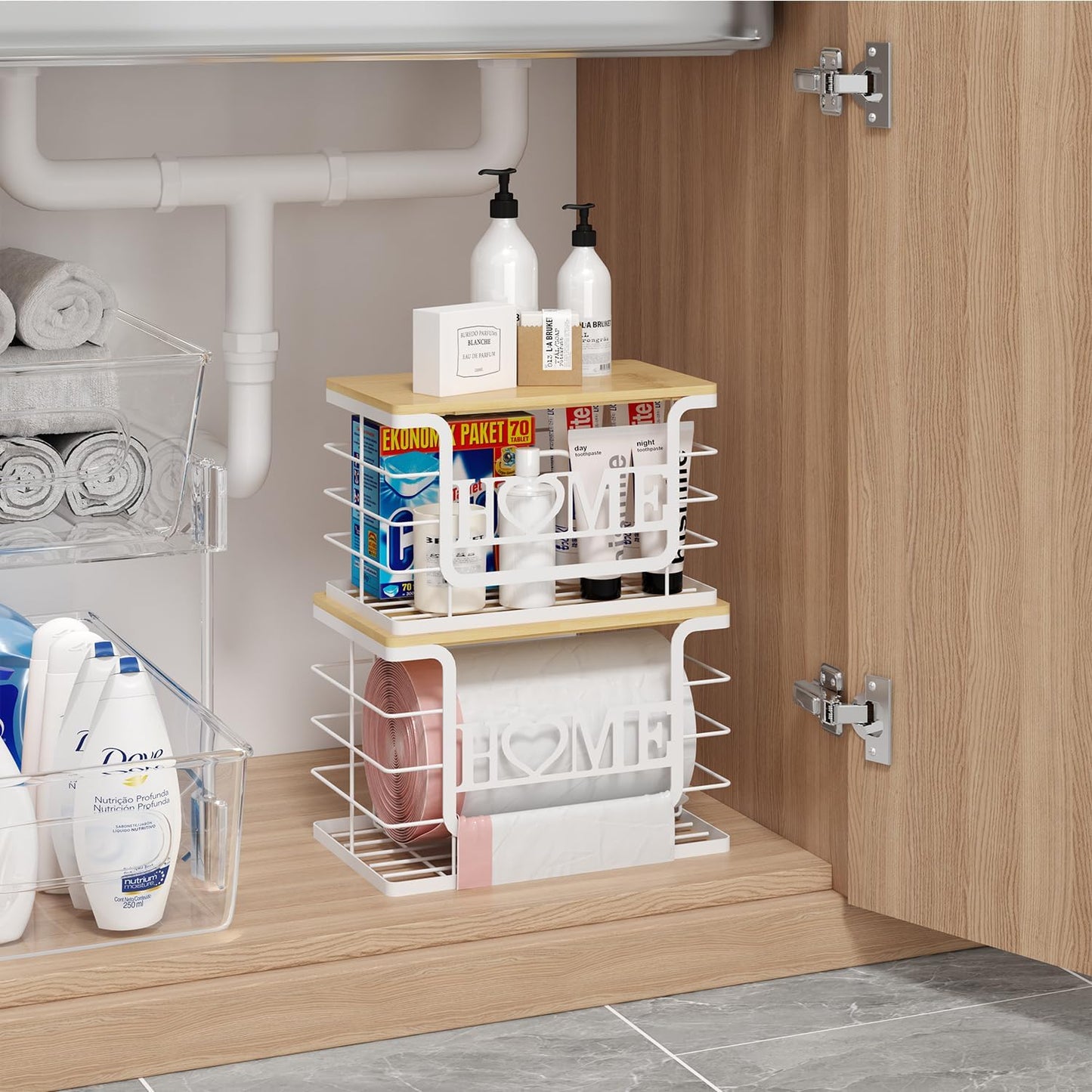 Trash Bag Holder, Thipoten Trash Bags Dispenser with Bamboo Top, Suitable for Garbage Bags Purchased Online or Supermarket, Perfect Storage Organizers for Cabinet, Under Sink (White, Extra Large)