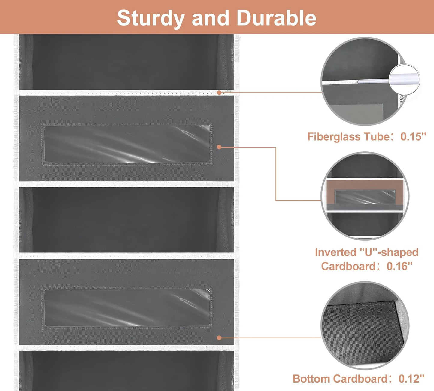 2 Packs 5-Tier Over The Door Organizer with 10 Side Mesh Pockets, 48 lbs Load Capacity, 3 Hooks Design, Hanging Organizer with Clear Windows for Bathroom, Bedroom, Nursery, Kitchen-Grey