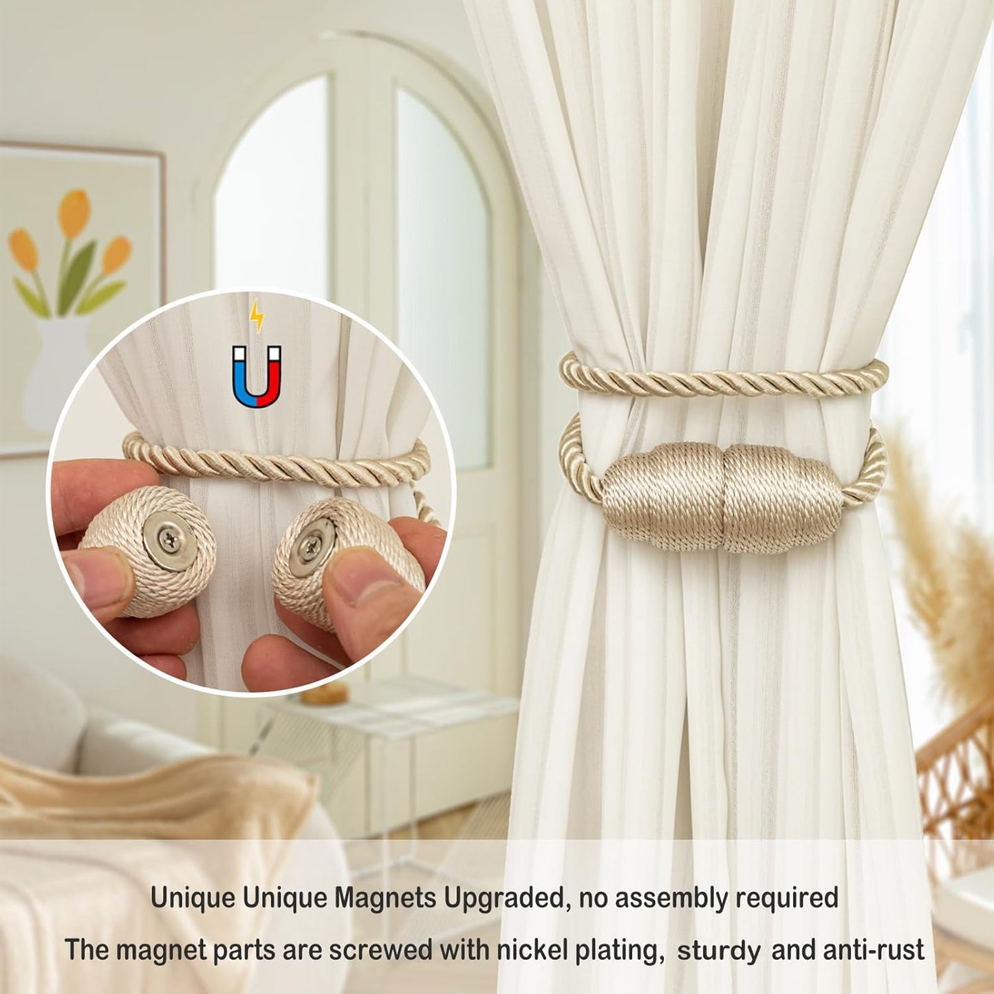 Magnetic Curtain Tiebacks - Rope Tiebacks for Curtains & Drapes, Decorative Window Holdbacks (6 Pack, Beige)