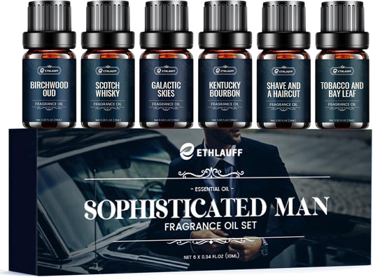 Men Essential Oils Set - TOP 6 Gentlemen's Fragrance Oil for Diffuser, Candle & Soap Making - Tobacco and Bay Leaf, Kentucky Bourbon, Galactic Skies, Scotch Whisky, Birchwood Oud