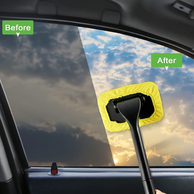 Frienda 2 Set Windshield Cleaner Tool Inside Car Windshield Cleaning Wand Auto Window Cleaner with Detachable Handle, 8 Reusable Microfiber Pads and 2 Spray Bottles for Car Interior(Gray, Yellow)